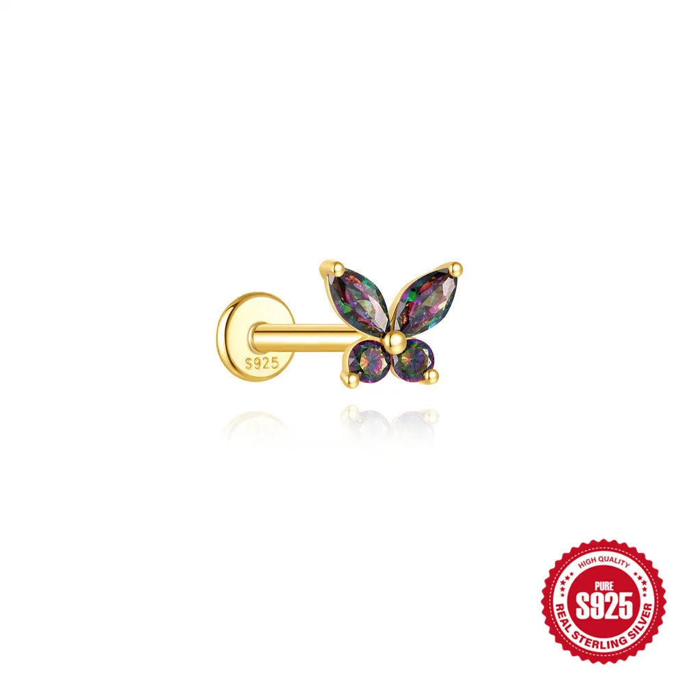 S925 sterling silver flat head thread piercing earring with super shiny rainbow stone, gold colour.