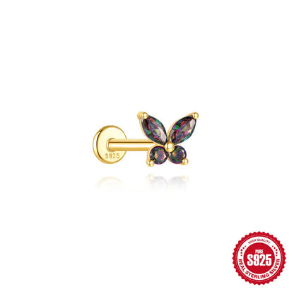 S925 sterling silver flat head thread piercing earring with super shiny rainbow stone, gold colour.