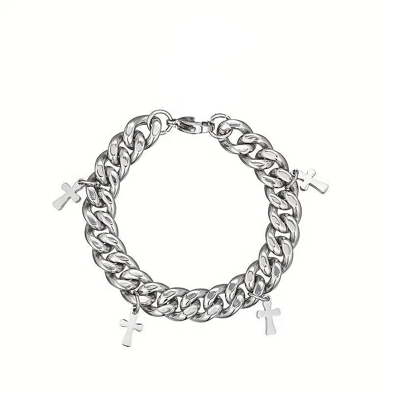 Men's titanium steel bracelet with a geometric cross charm on a black background.