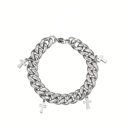 Men's titanium steel bracelet with a geometric cross charm on a black background.