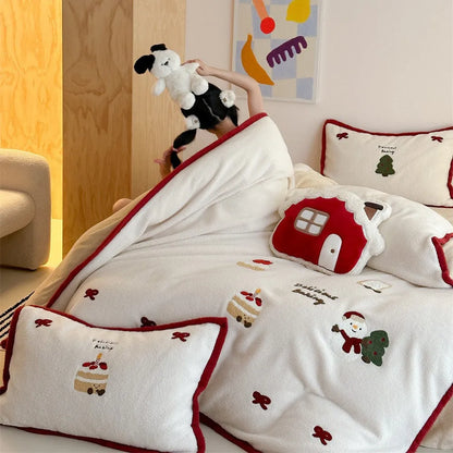 Winter Christmas cartoon four-piece bedding set with Xuefu Milk Pastry pattern on polyester fabric