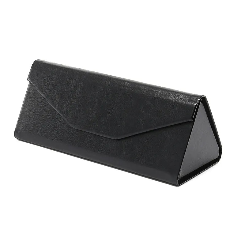 Handmade triangle folding PU cowhide glasses case in multiple colours measuring 160x66x16mm