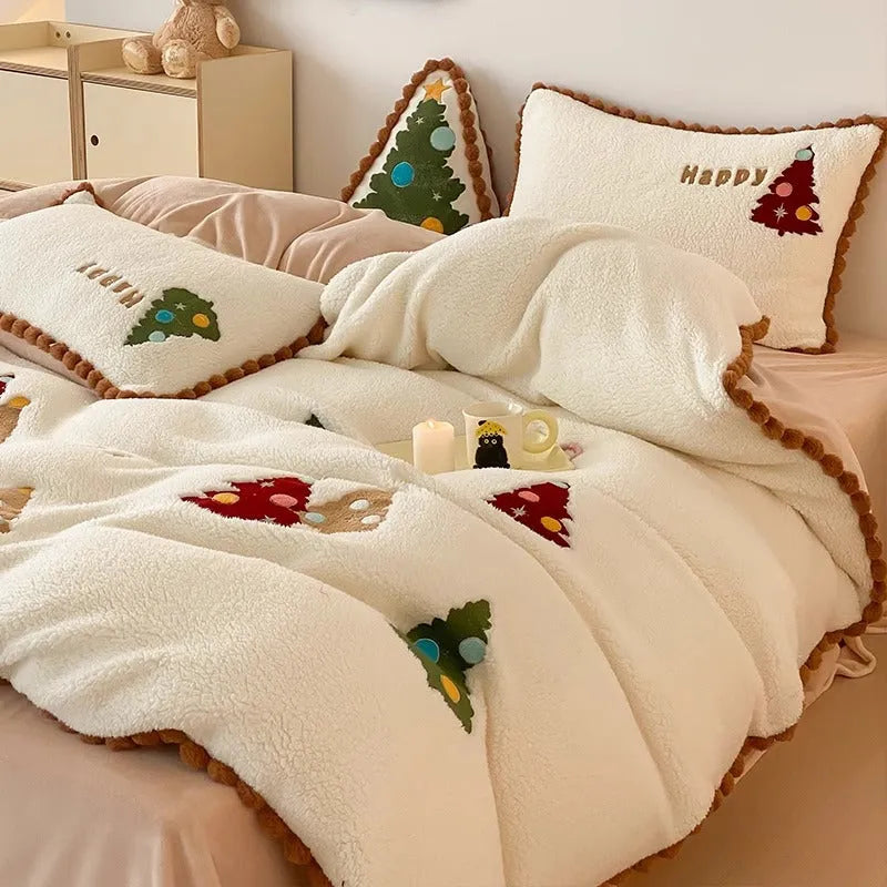 Bright yellow Christmas tree bedding set with fleece lining, embroidery detail, and complete four-piece configuration for winter warmth