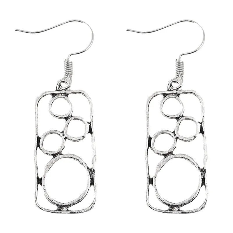 Antique silver zinc alloy round ring earrings with irregular geometric square design