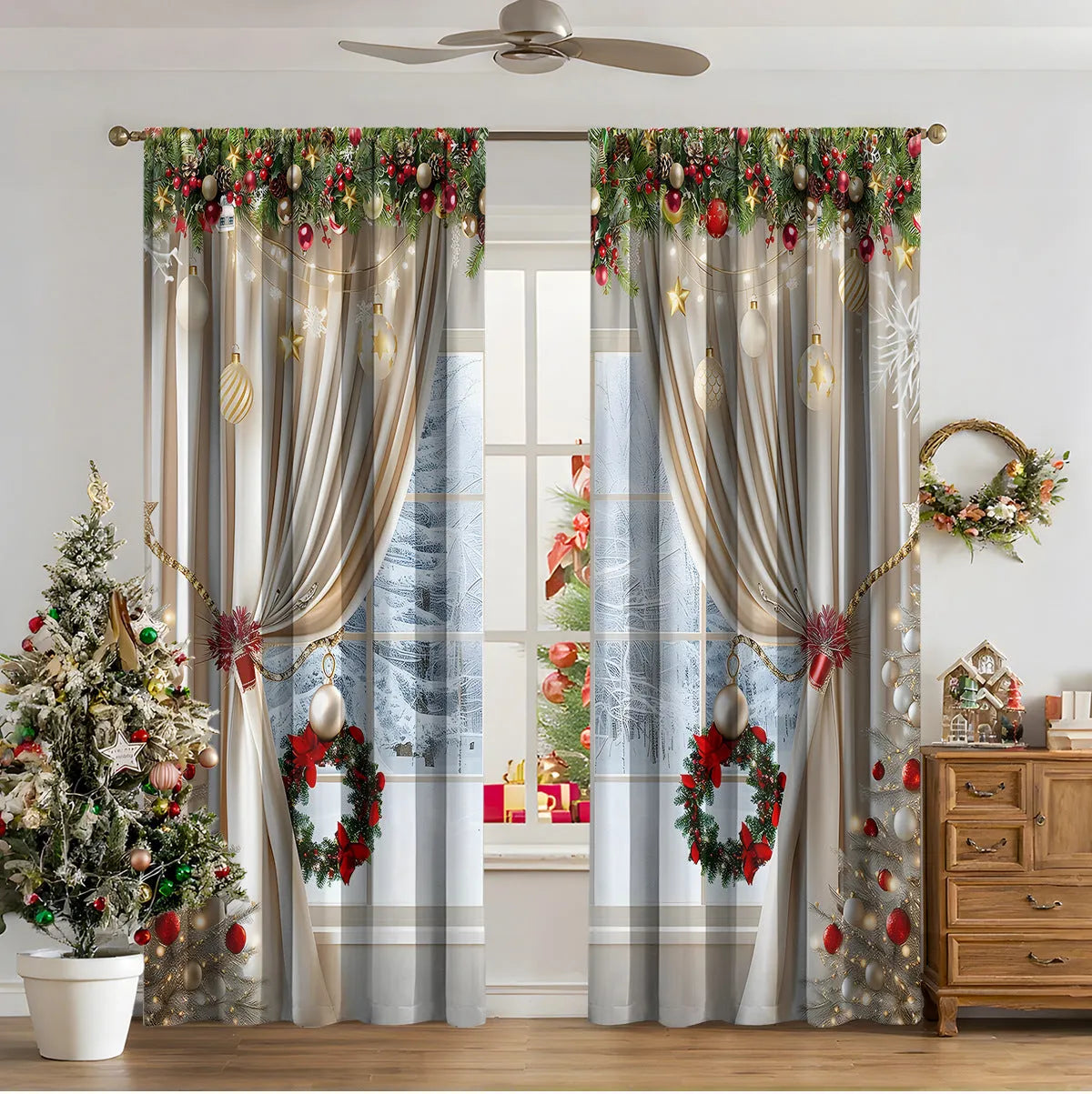 3D digital printed Christmas curtains with festive pattern, available in two sizes with high sunshade function