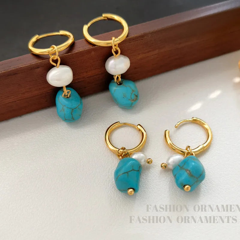 Copper clip earrings with irregular turquoise stones and cultured pearls in geometry shape