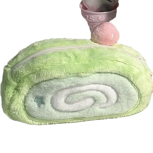 Honeydew Roll plush velvet pencil case with Swiss roll cake design, measuring 20cm in length