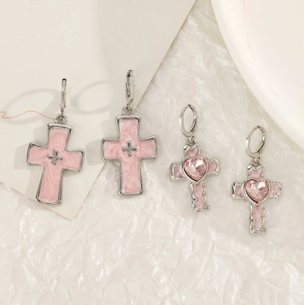 Women's geometric cross earrings with dripping oil treatment on 1.5cm pendant