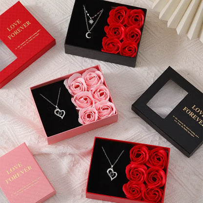 Red soap flower gift set in Korean-style box measuring 12.5cm with handbag