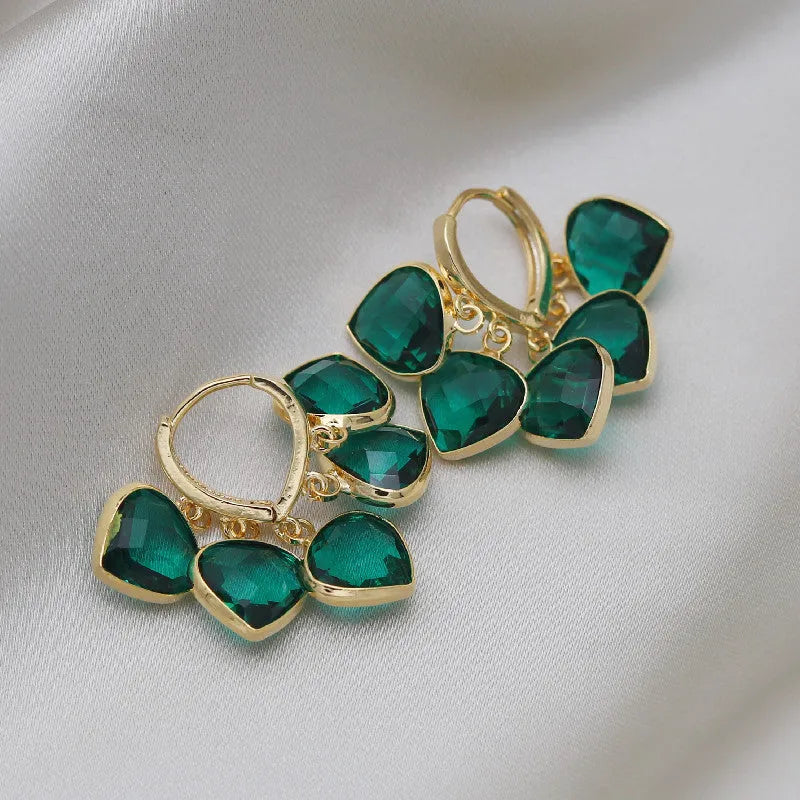 Korean style green heart pendant ear clip earrings with copper alloy and artificial gemstone