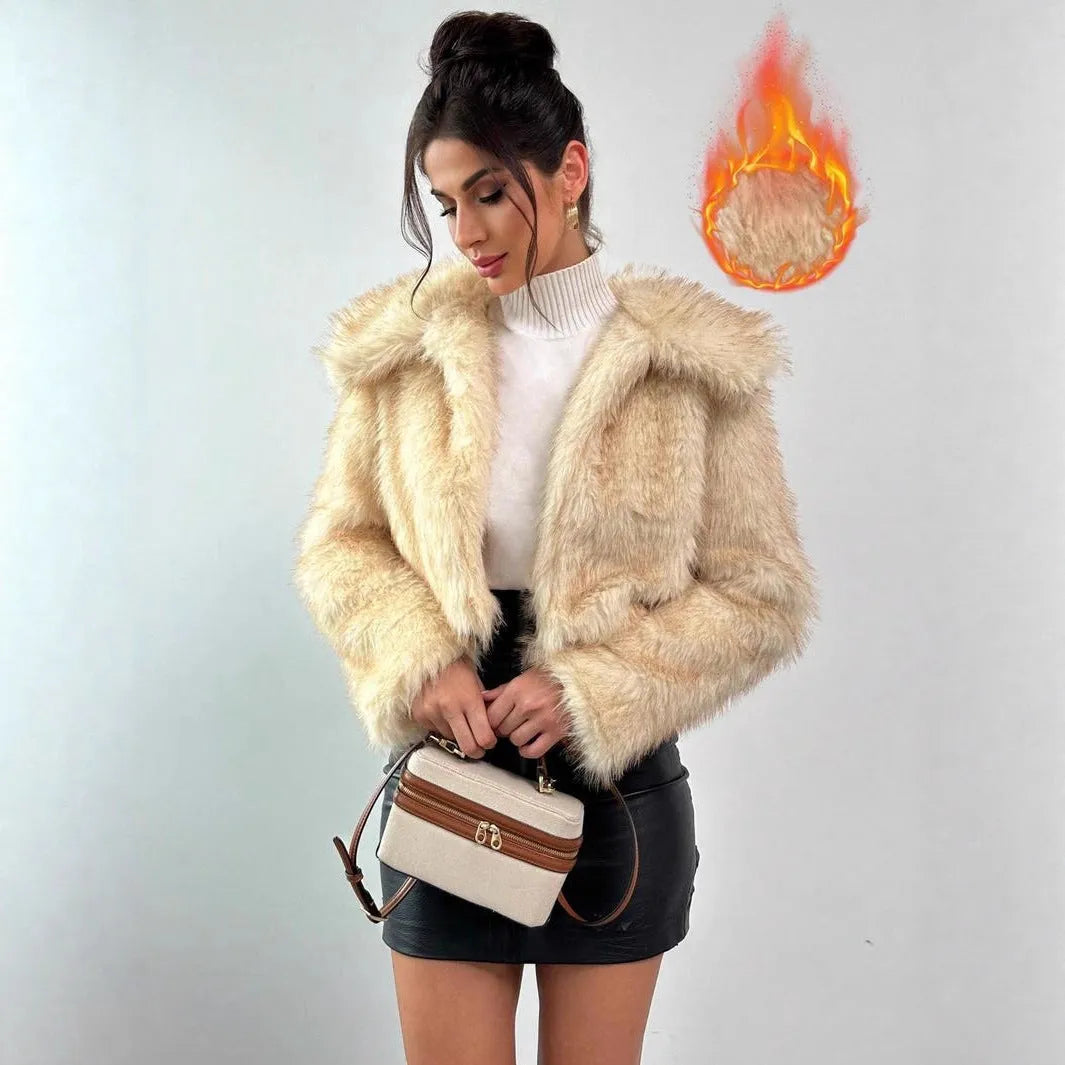 Women's artificial fox fur coat with fur collar in short 40cm length
