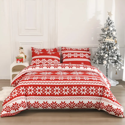 Red Winter Sleepers patterned three-piece bed set with quilt cover and pillowcases on a bed.