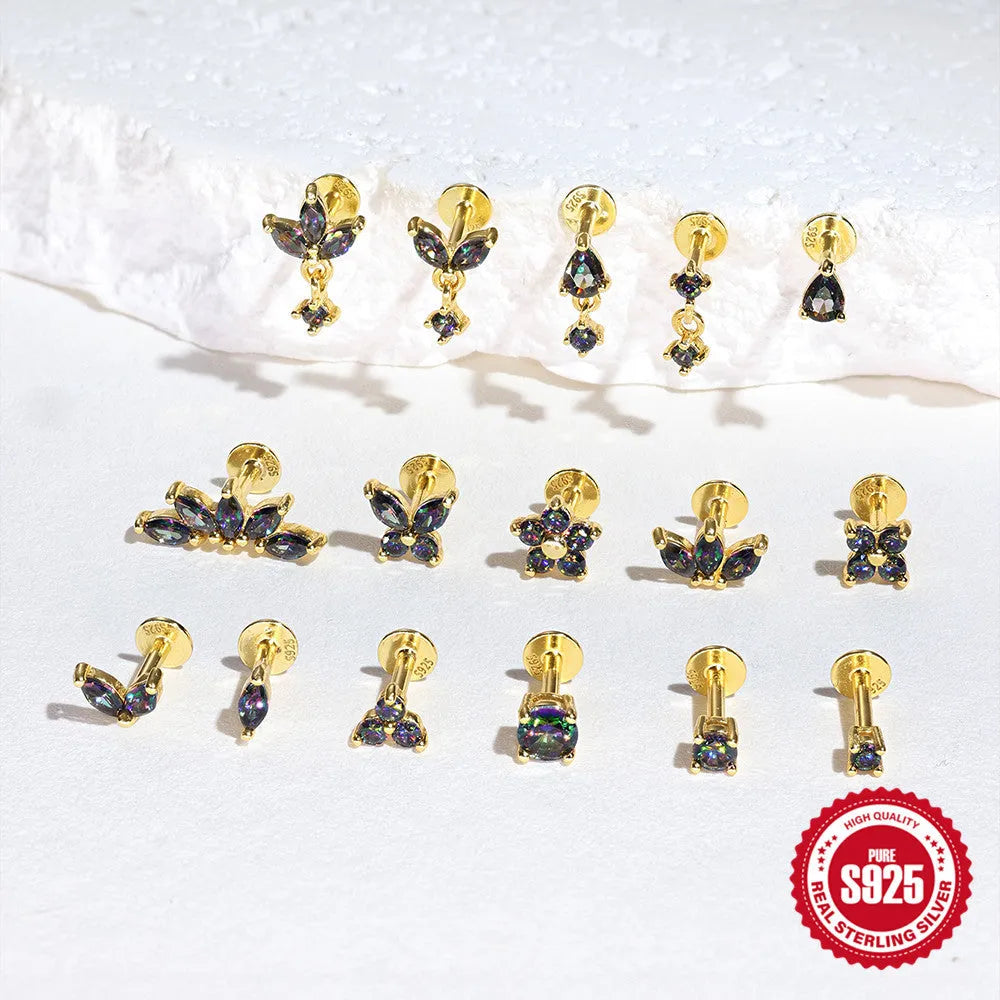 S925 sterling silver flat head thread piercing earring with super shiny rainbow stone, gold colour.