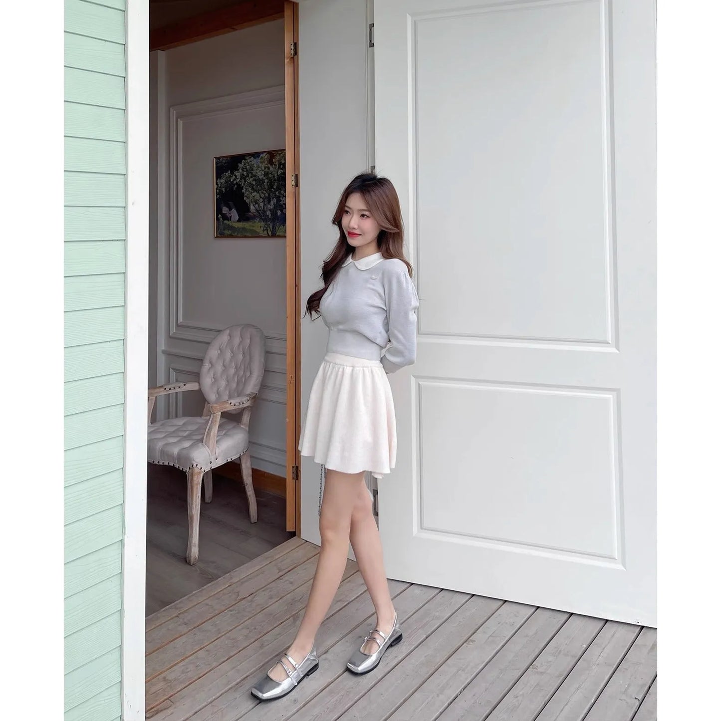 Women's silver genuine leather Mary Jane pumps with cross buckle strap and low flat heel