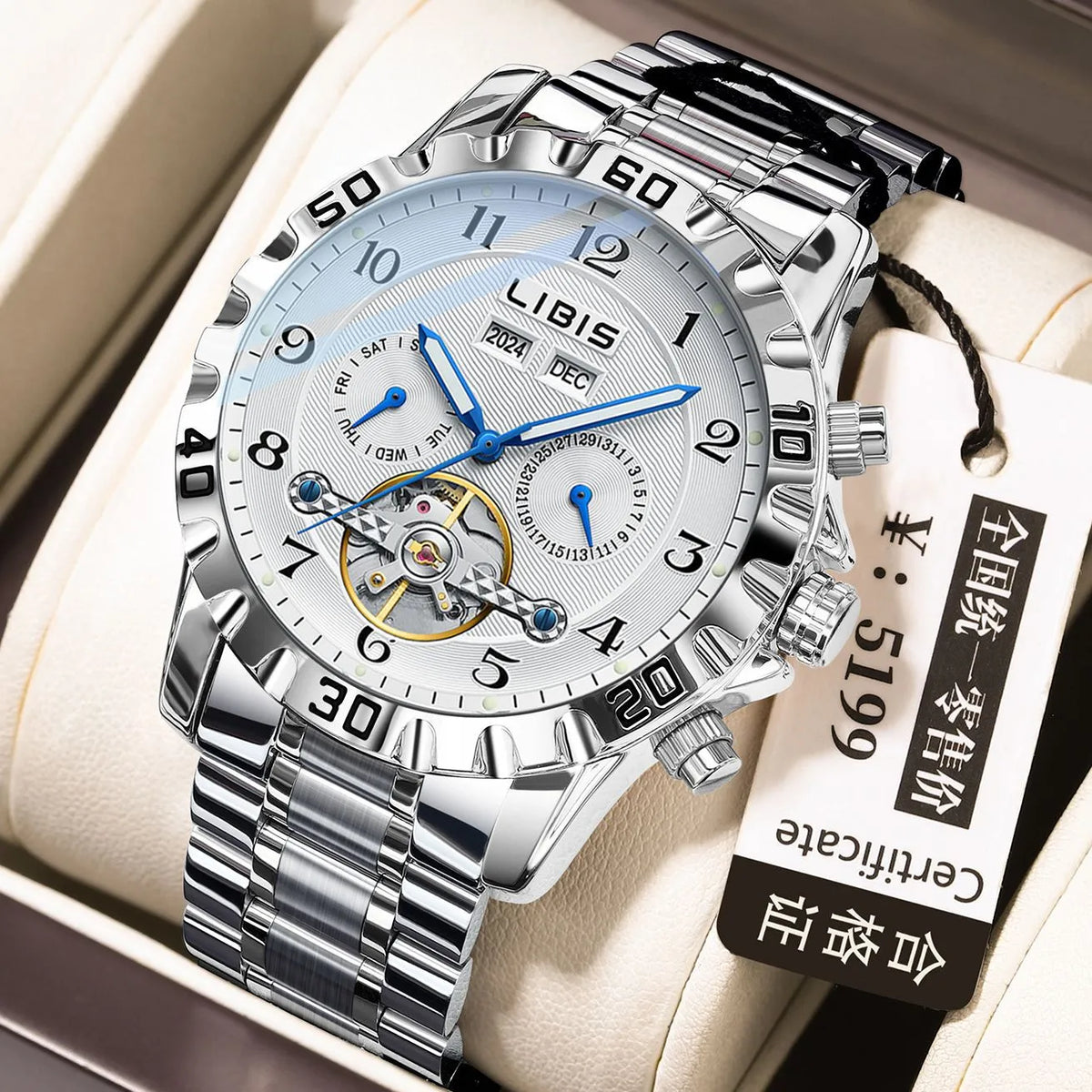 Men's automatic perpetual calendar watch with silver steel belt and sapphire crystal glass mirror