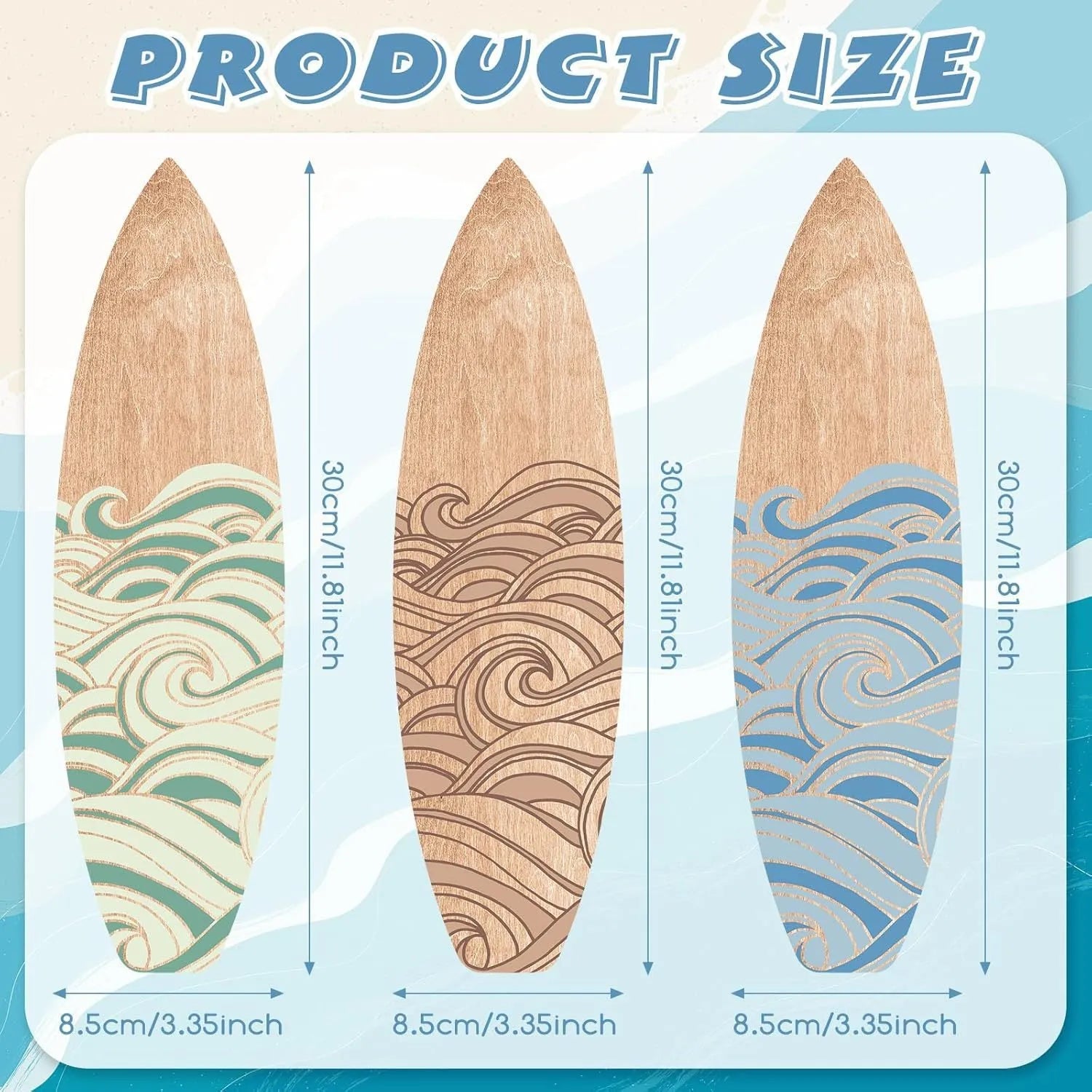 Three identical wooden surfboard wall decorations in European style design