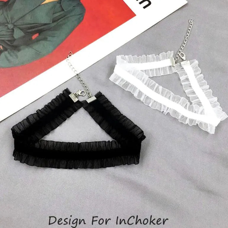 Velvet ruffled clavicle necklace with flower-shaped alloy pendant on snake bones chain in light coffee colour