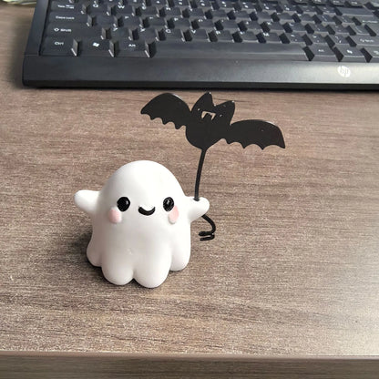 Mini ghost walking dog statue with bat, 4x5x4cm resin Halloween decoration