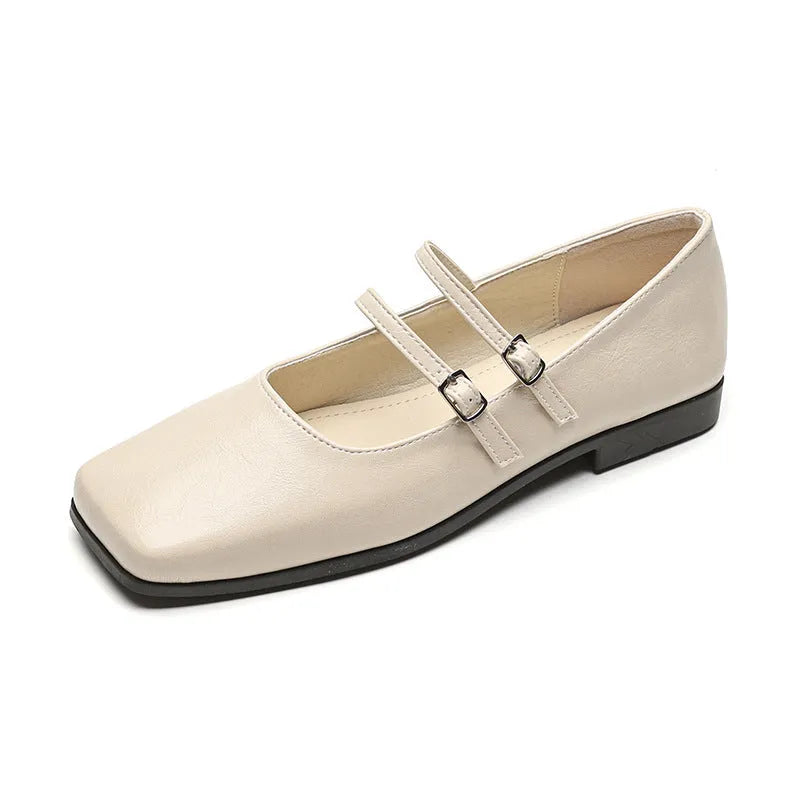 Women's silver genuine leather Mary Jane pumps with cross buckle strap and low flat heel