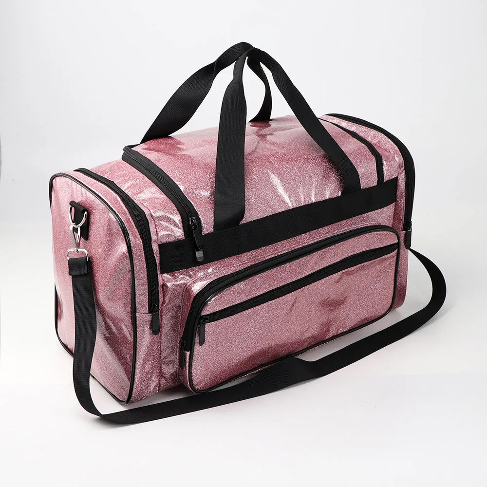 Large silver PU leather sports handbag with letter detailing, showing internal compartments.