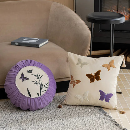 45x45cm square couch pillow with Chinese-style butterfly embroidery in beige colour