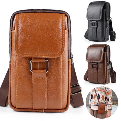 Men's black genuine leather waist bag with lock, coin pocket, and crossbody strap for daily urban use