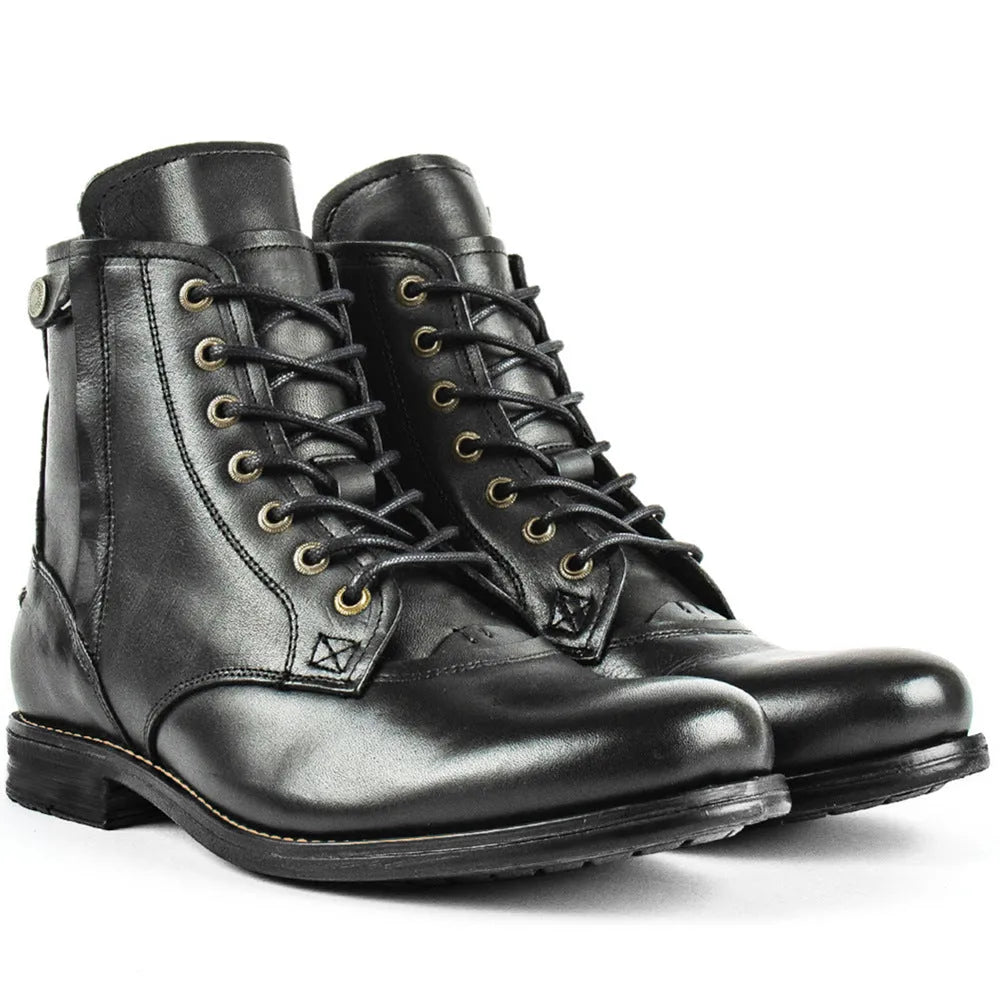 Knight Series black and brown leather boots with side zipper, low heel, and two-tone design