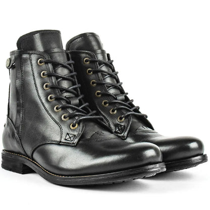 Knight Series black and brown leather boots with side zipper, low heel, and two-tone design
