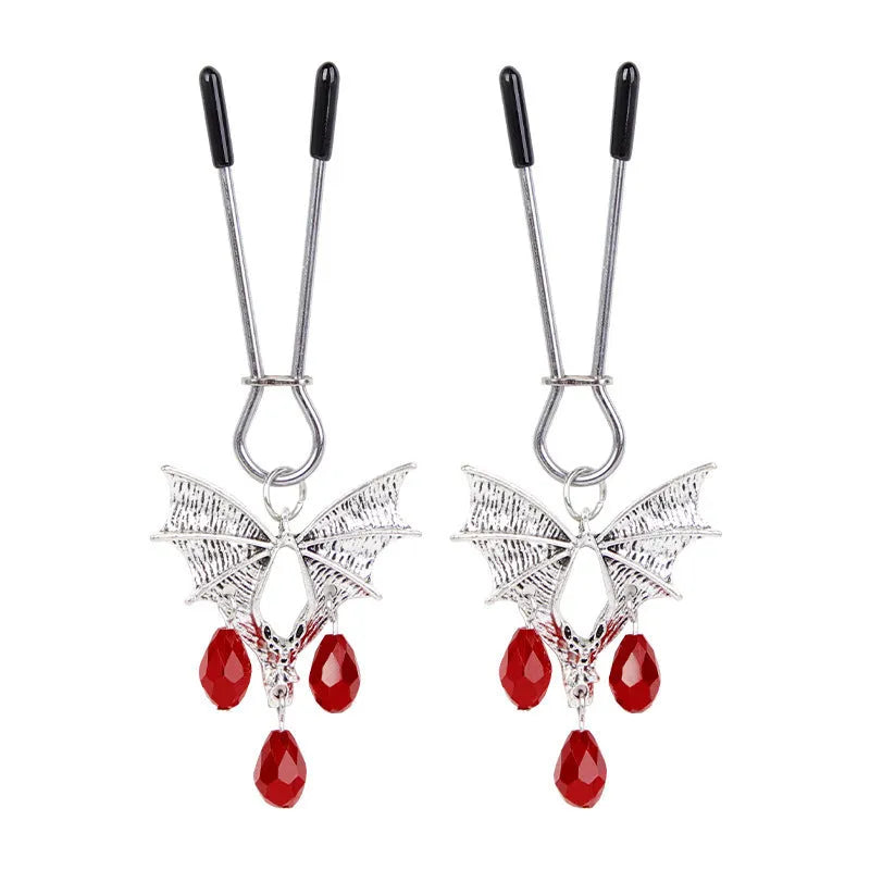 Silver bat nipple clamp with ruby design and adjustable spring mechanism