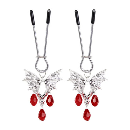 Silver bat nipple clamp with ruby design and adjustable spring mechanism