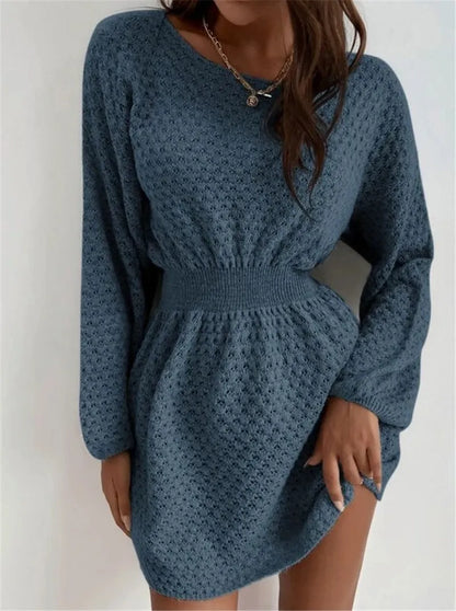 Blue women's dress with hand-crocheted floral details, fitted waist, and 65cm length