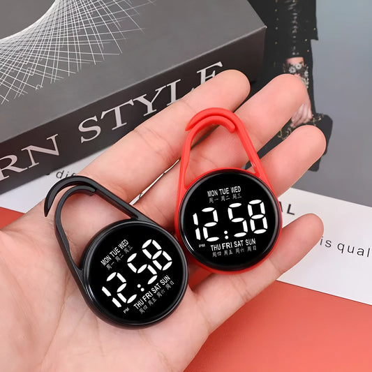 Mini digital LED electronic watch with plastic strap in various colours like fluorescent green and black on display.