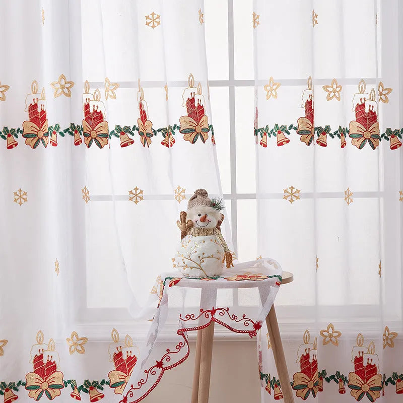 Pair of white Christmas curtains with embroidered snowflake design, semi-sunshade fabric for light control.