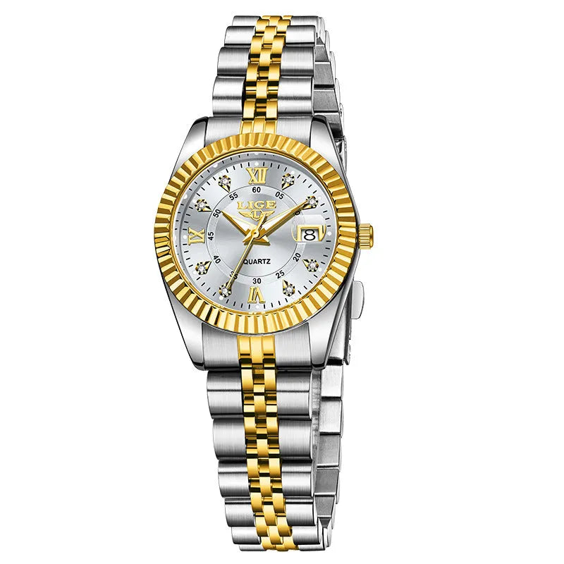 Waterproof leisure couple quartz watch in gold white colour with 10mm thickness on wrist