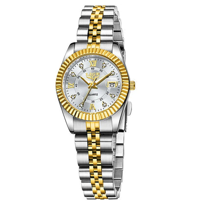 Waterproof leisure couple quartz watch in gold white colour with 10mm thickness on wrist
