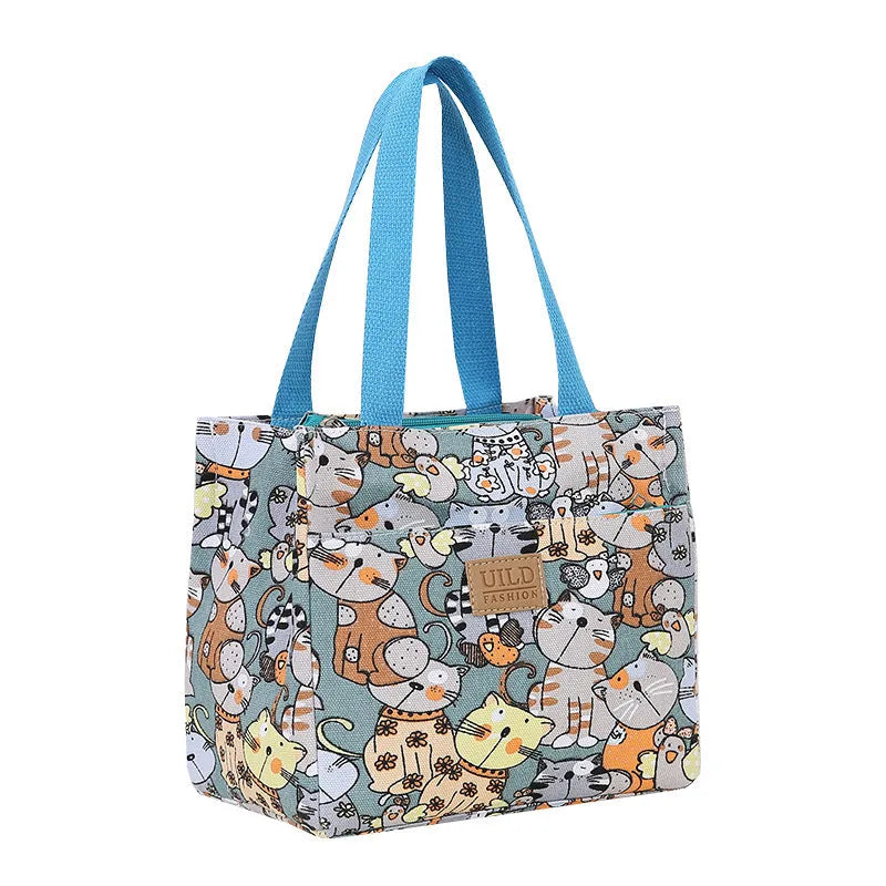 Women's portable printed canvas bag in horizontal square shape with floral design, showing reinforced base and large capacity.