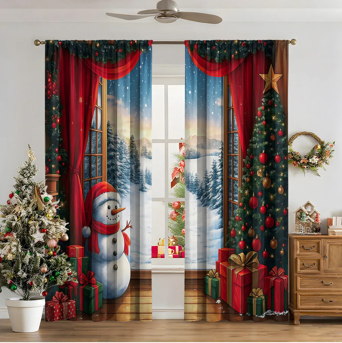 3D digital printed Christmas curtains with festive pattern, available in two sizes with high sunshade function