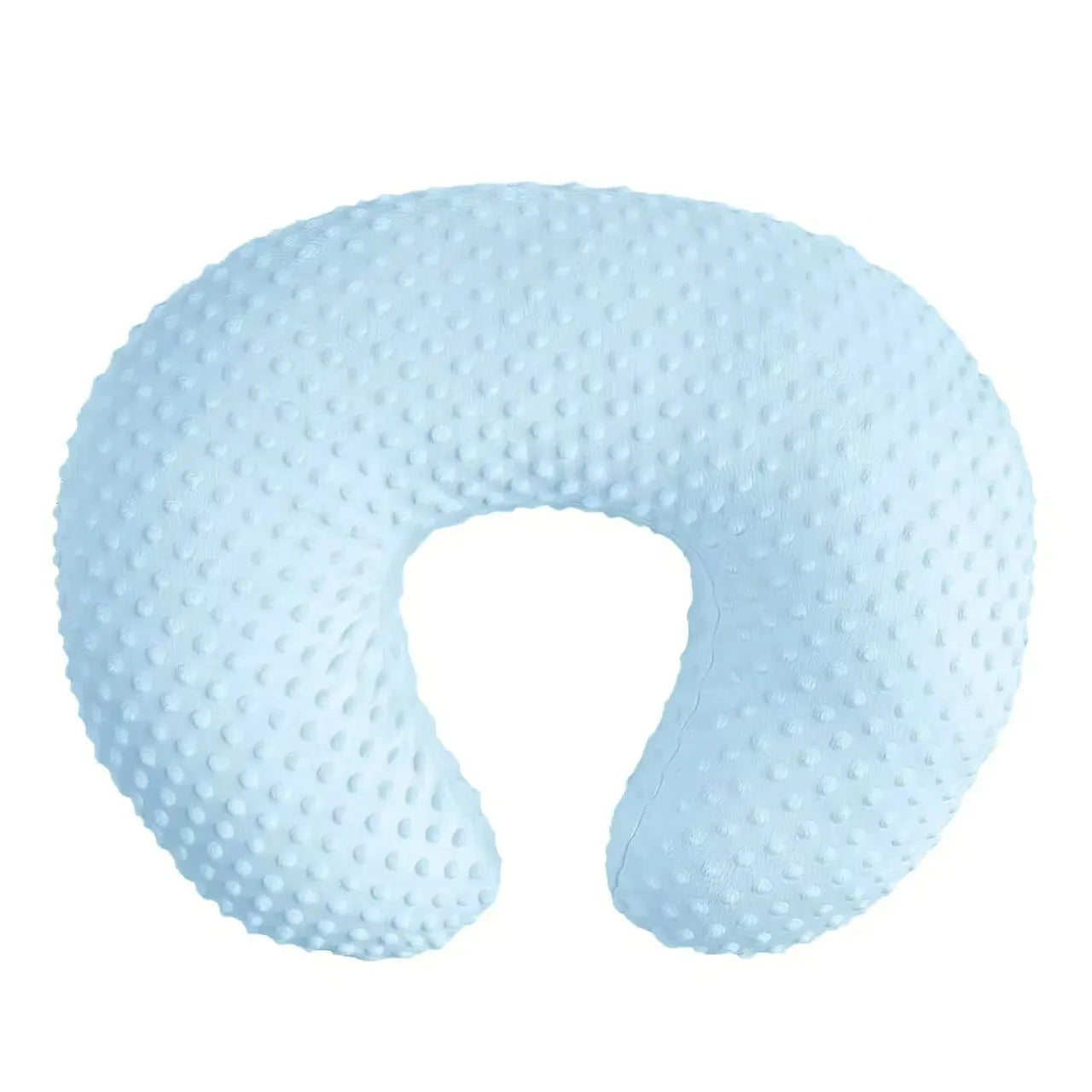 Nursing pillow with integrated 15cm raised barrier to prevent milk spills during breastfeeding, shown with removable pillowcase