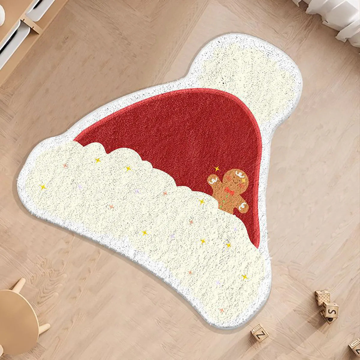 Round Christmas floor mat in imitation cashmere with festive designs like Christmas trees and gingerbread men, sizes 60x60cm and 80x80cm