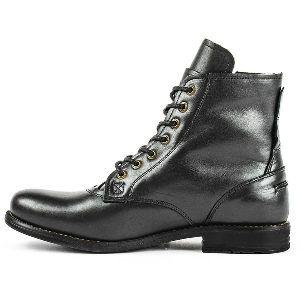 Knight Series black and brown leather boots with side zipper, low heel, and two-tone design