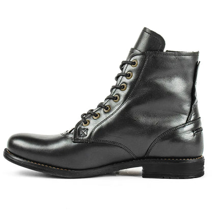 Knight Series black and brown leather boots with side zipper, low heel, and two-tone design