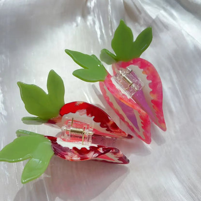 Handmade strawberry hairpin with pastoral style design in red or pink colour options