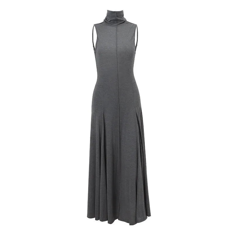 Grey women's slim-fit cotton dress with a half turtleneck neckline, backless design, high waist, and sleeveless cut.