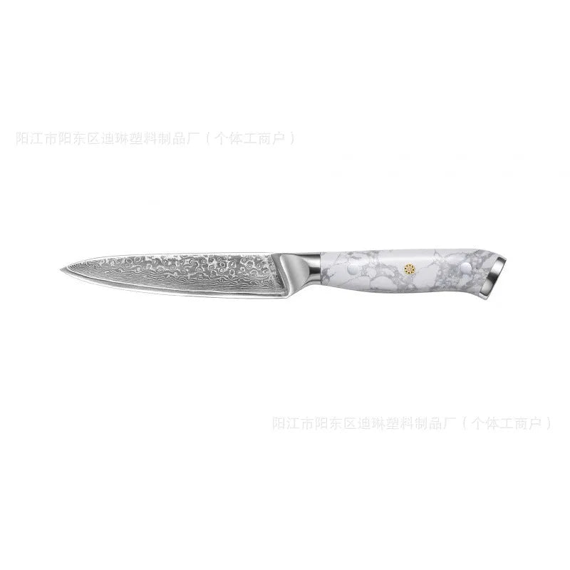 Damascus pattern chef's knife with Pakkawood handle on a wooden cutting board, blade length 21cm.