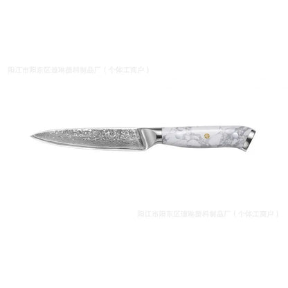 Damascus pattern chef's knife with a 21cm blade and dark handle on a wooden cutting board.