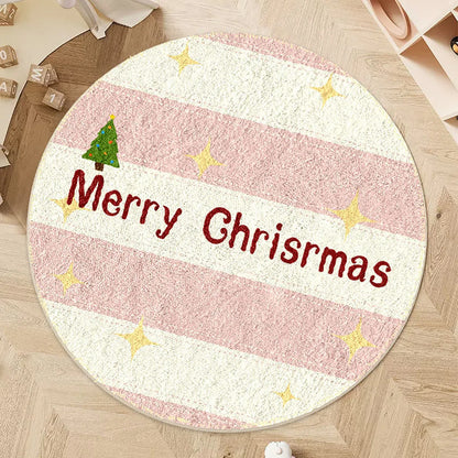 Round Christmas floor mat in imitation cashmere with festive designs like Christmas trees and gingerbread men, sizes 60x60cm and 80x80cm
