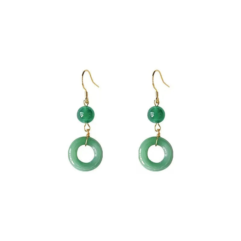 Green jade design peace buckle shaped zinc alloy earrings for Han Chinese clothing