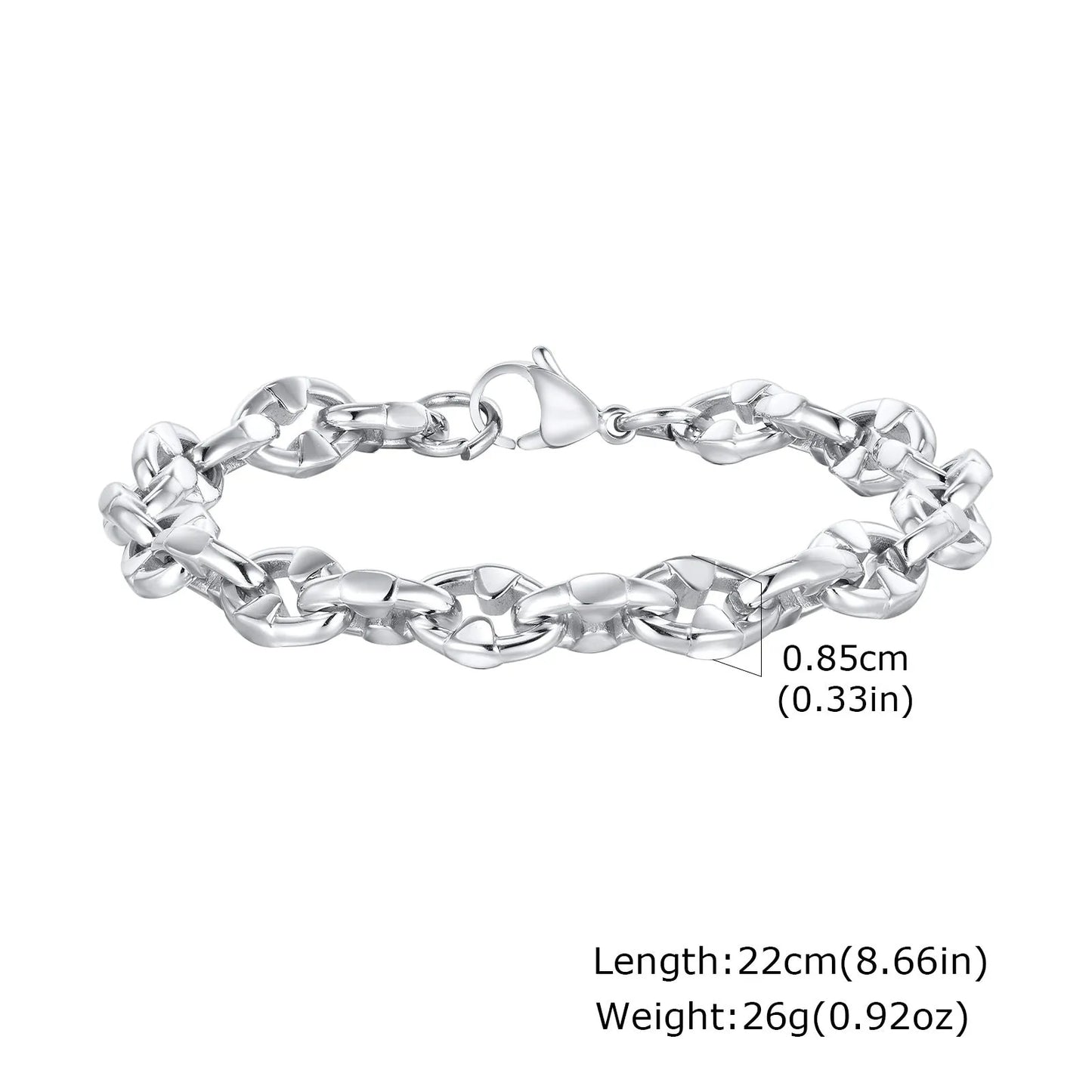 Steel colour stainless steel geometric chain bracelet with 8mm wide links and adjustable 20-24cm length