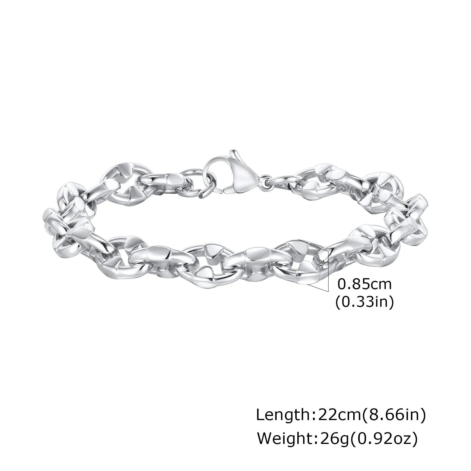 Steel colour stainless steel geometric chain bracelet with 8mm wide links and adjustable 20-24cm length