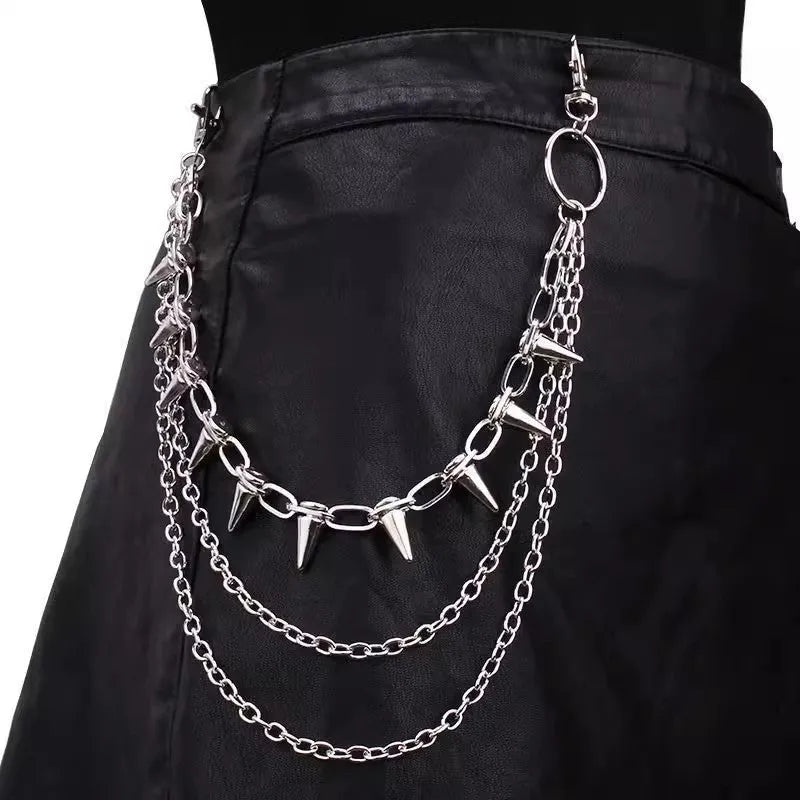 Silver double-layer pants chain with zipper and rivet details measuring 115cm for punk hip hop fashion